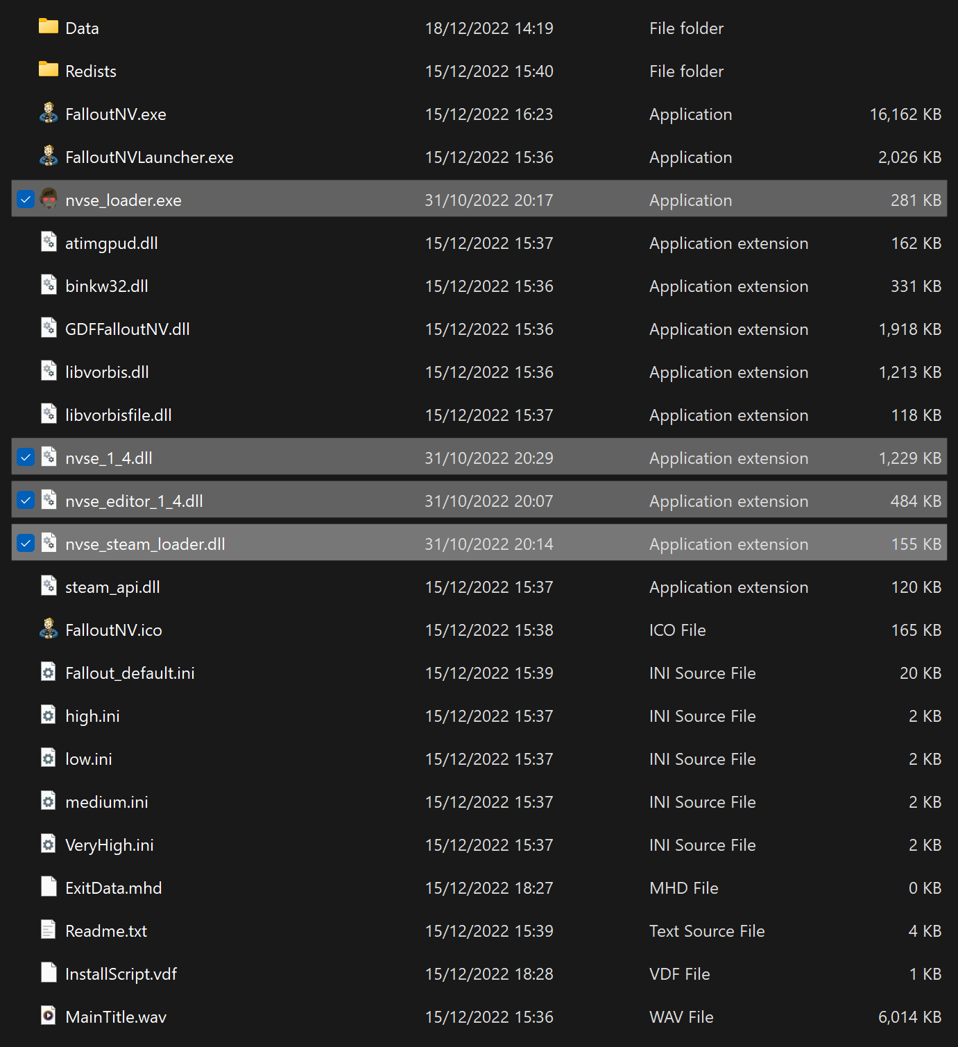 Screenshot of the root folder showcasing correct xNVSE install